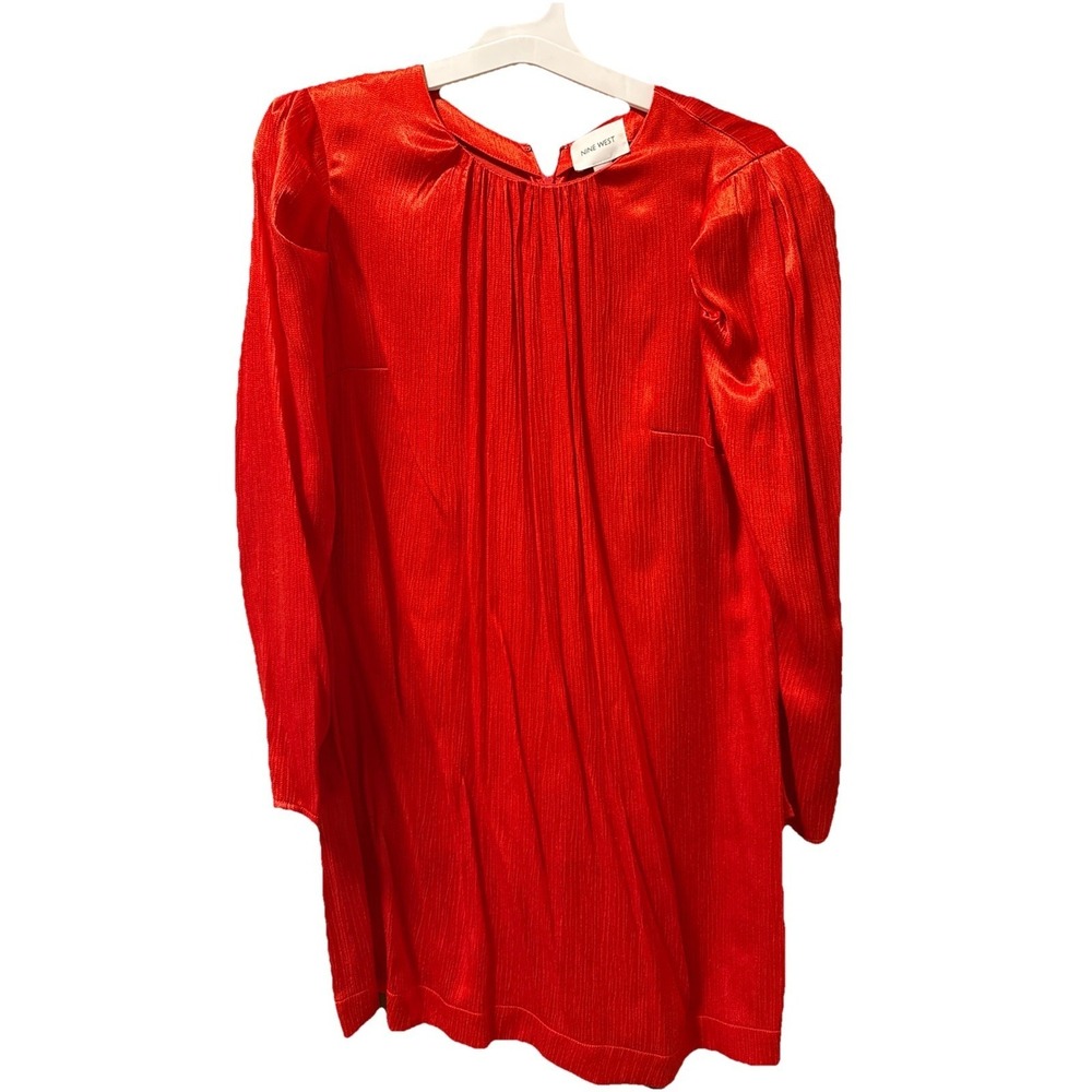 Nine West Womens Red Pleated‎ Satin Mini Dress Long Sleeve Puffy Shoulder Size M